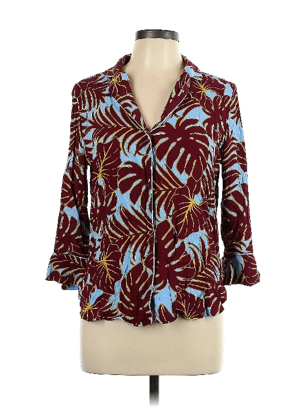 3/4 Sleeve Button Down Shirt Solid Print Embellished