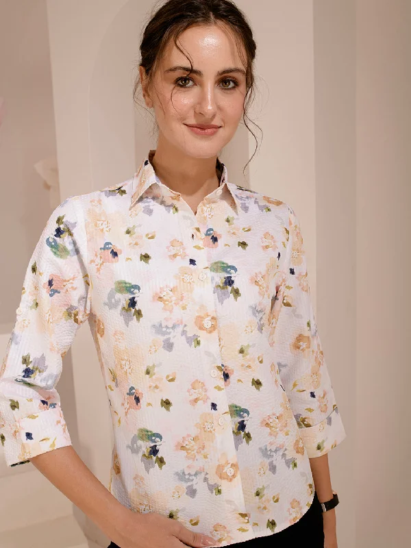 TANDUL  Women Regular Fit Printed Built-up Collar Casual Shirt Fitted T-Shirt Seamless Stretchy