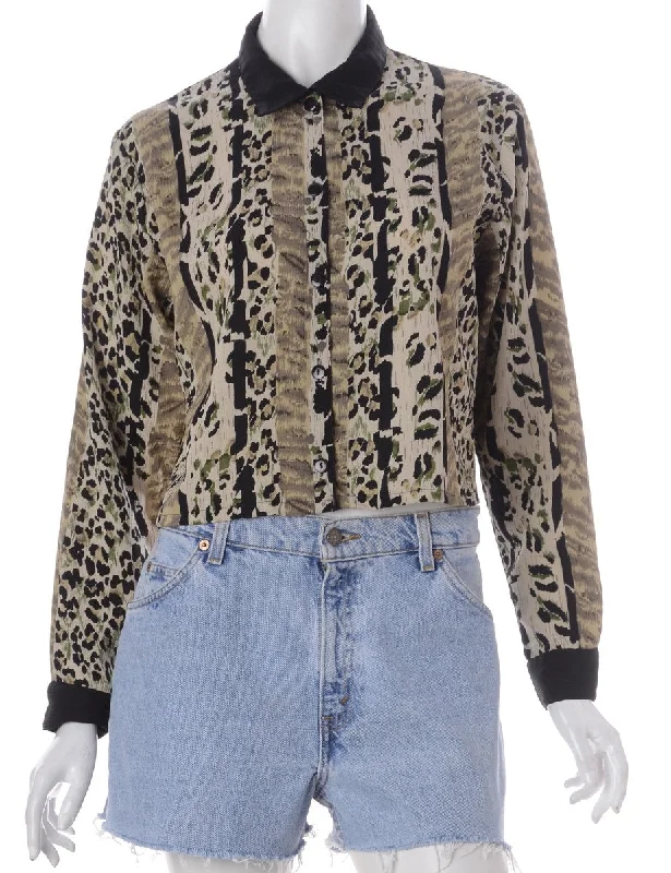 Label Claire Cropped Long Sleeve Printed Shirt Spandex Blend Rayon Blend Denim Blend