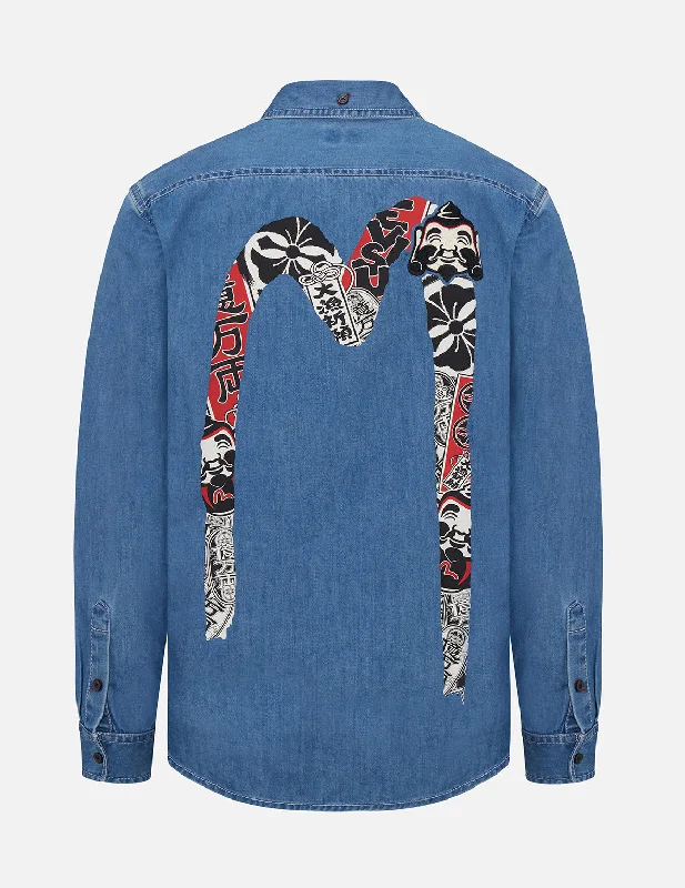 Big Catch Prayer Festival Graphic Daicock Denim Shirt Chenille Brocade Lace