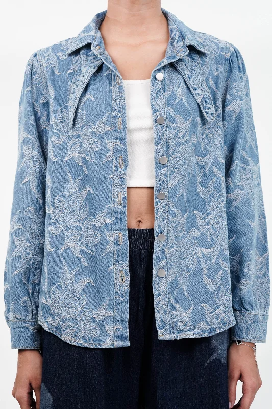 Blue Blossom Denim Shirt Collared Crew Neck Turtle Neck