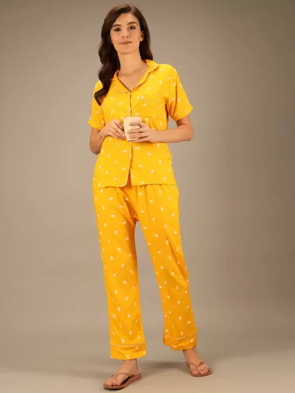 TANDUL  Women Printed Yellow Shirt & Pyjama set Knit Fabric Woven Fabric Fleece Fabric