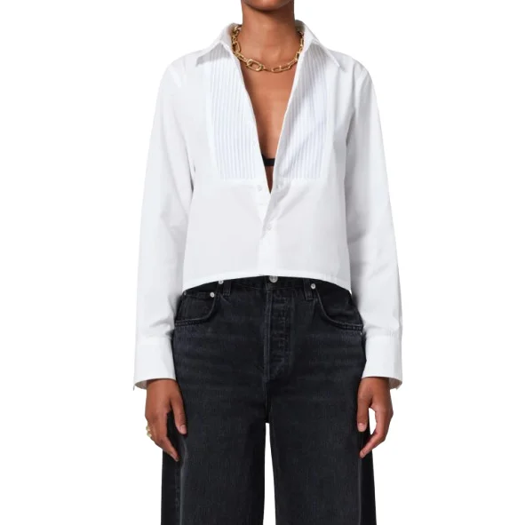 FINO BOXY CROP TUXEDO SHIRT Satin Blend Silk Blend Wool Blend