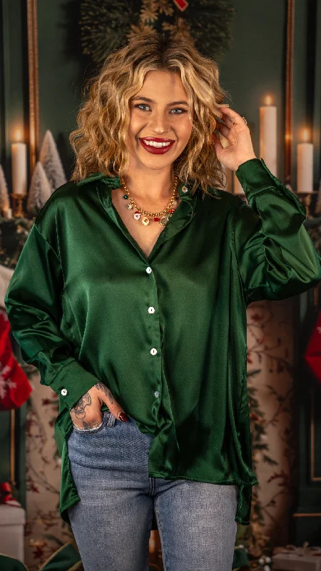 Mia Dark Green Satin Button-Up Shirt Ribbed T-Shirt High Neck Heavyweight