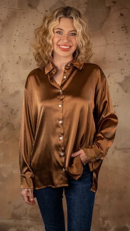 Mia Deep Camel Satin Button-Up Shirt Embroidered Appliqued Beaded