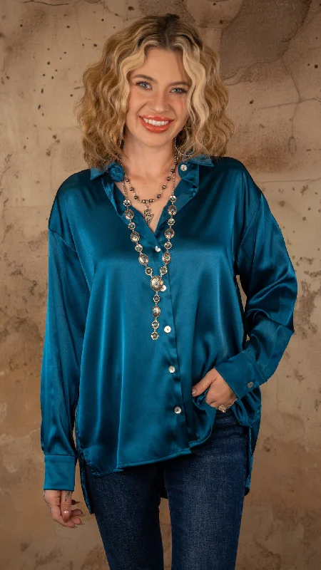 Mia Teal Satin Button-Up Shirt Sequined Glittery Shiny