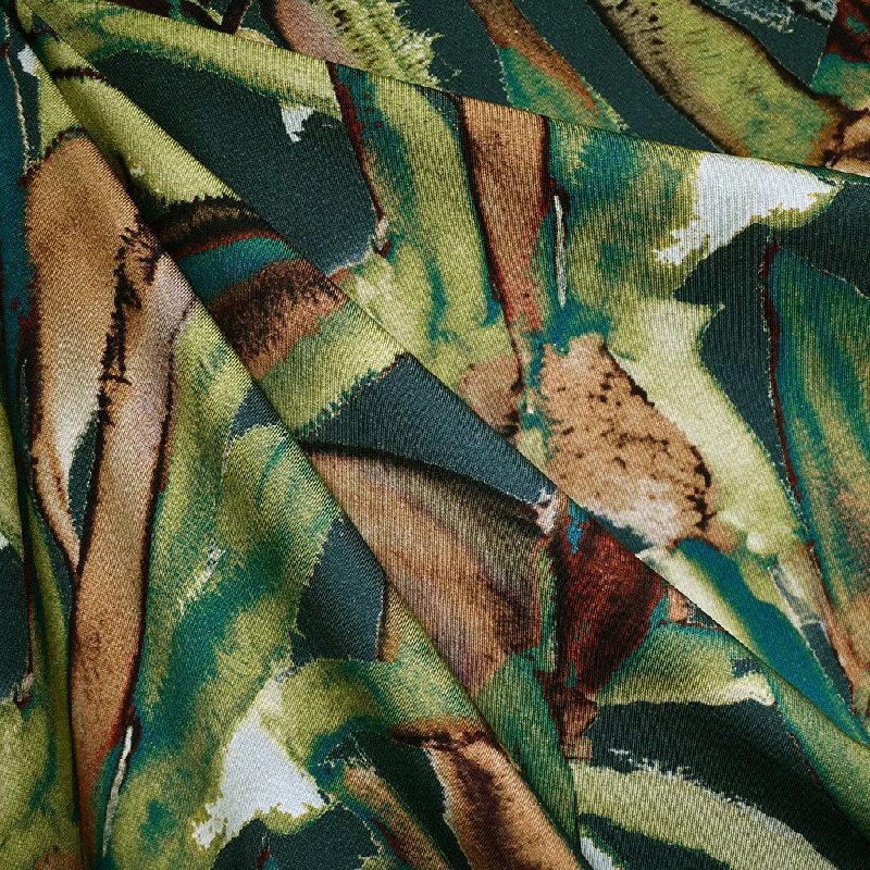 Painterly Abstract Leaves Rayon Twill Shirting Teal/Green Asymmetrical Pockets Print