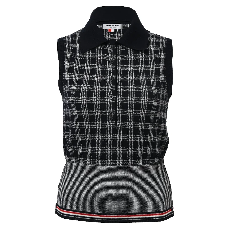 Thom Browne Sleeveless Checkered Print Shirt in Black Merino Wool Hooded Caped Shawl Collar