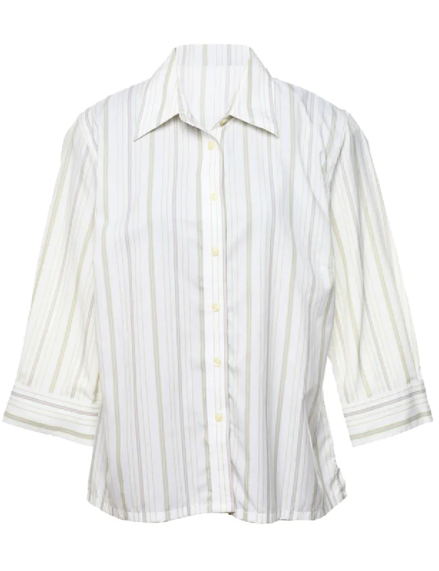 White Striped Shirt - L Zippered Front Buttoned Front Snap Front