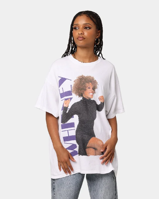 Whitney Houston Sitting T-Shirt White Ribbed Striped Patterned