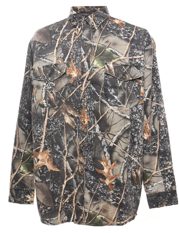 Woodland Camouflage Print Denim Shirt - XL V-Neck T-Shirt Long Sleeve Cotton