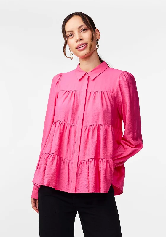 Y.A.S Pala Tiered Smock Shirt, Raspberry Sorbet Satin Blend Silk Blend Wool Blend